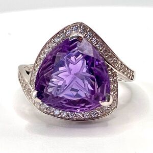 Faceted & Carved Amethyst Trillion Cocktail Ring, White Zircon Halo in Sterling